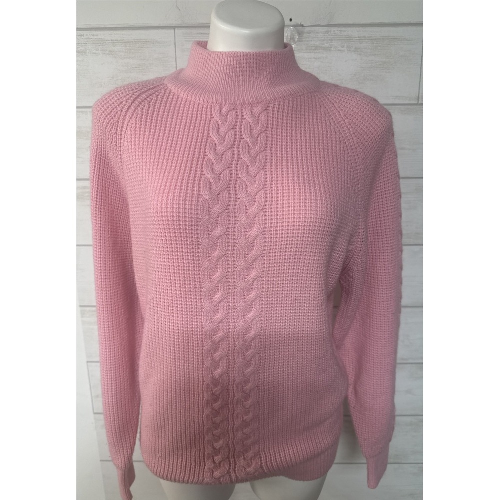 Vintage Pink Cable Knit Mock Neck Sweater Womens Large Hunters Glen Acrylic